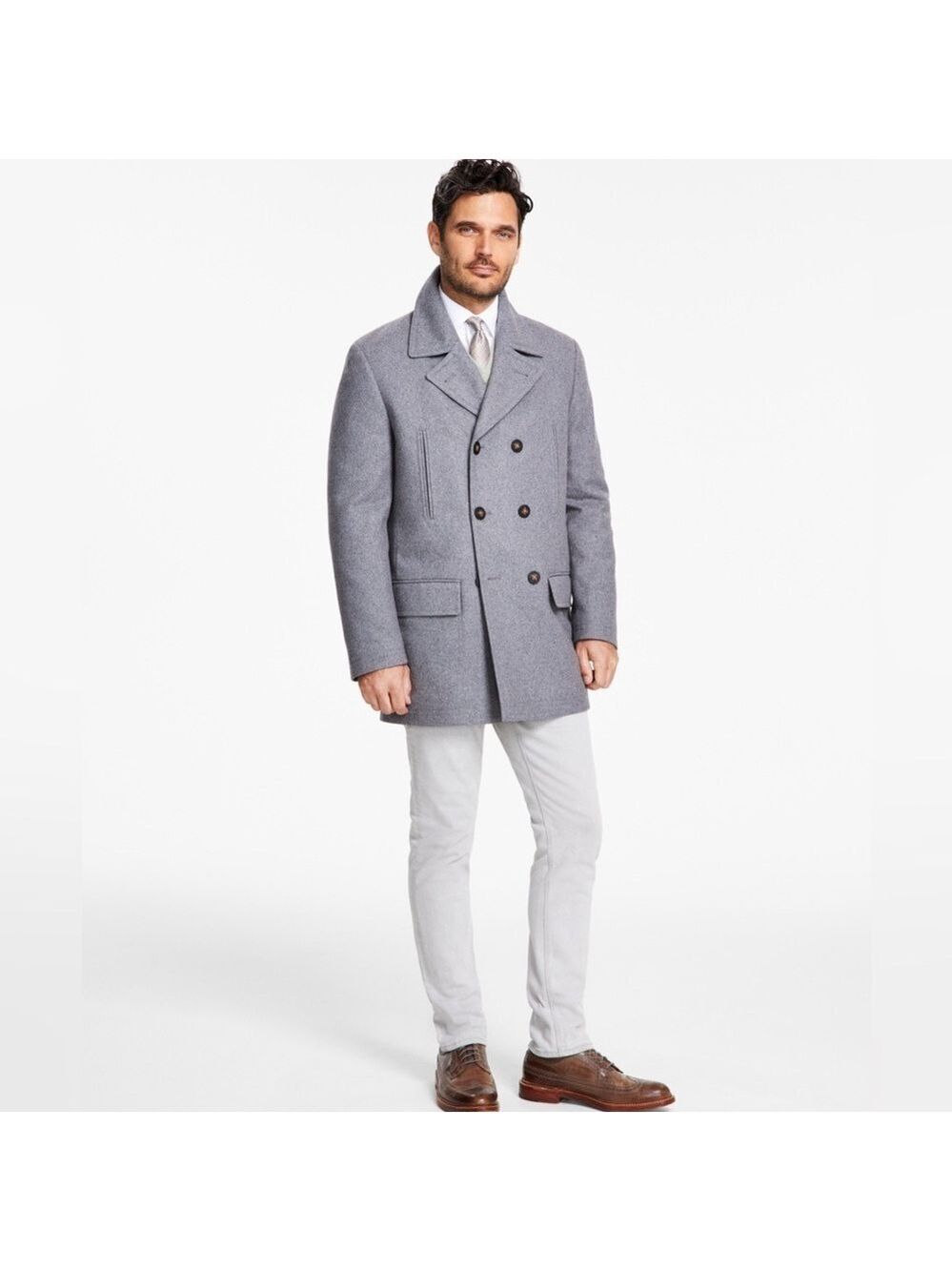 NWT Michael Kors Men’s Double Breasted Wool Pea Coat SZ 48L Grey Reg $395